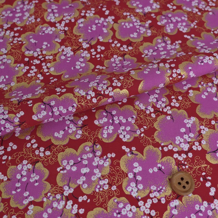 和柄コットン生地 金彩桜景色(赤) 10cm単位 切り売り