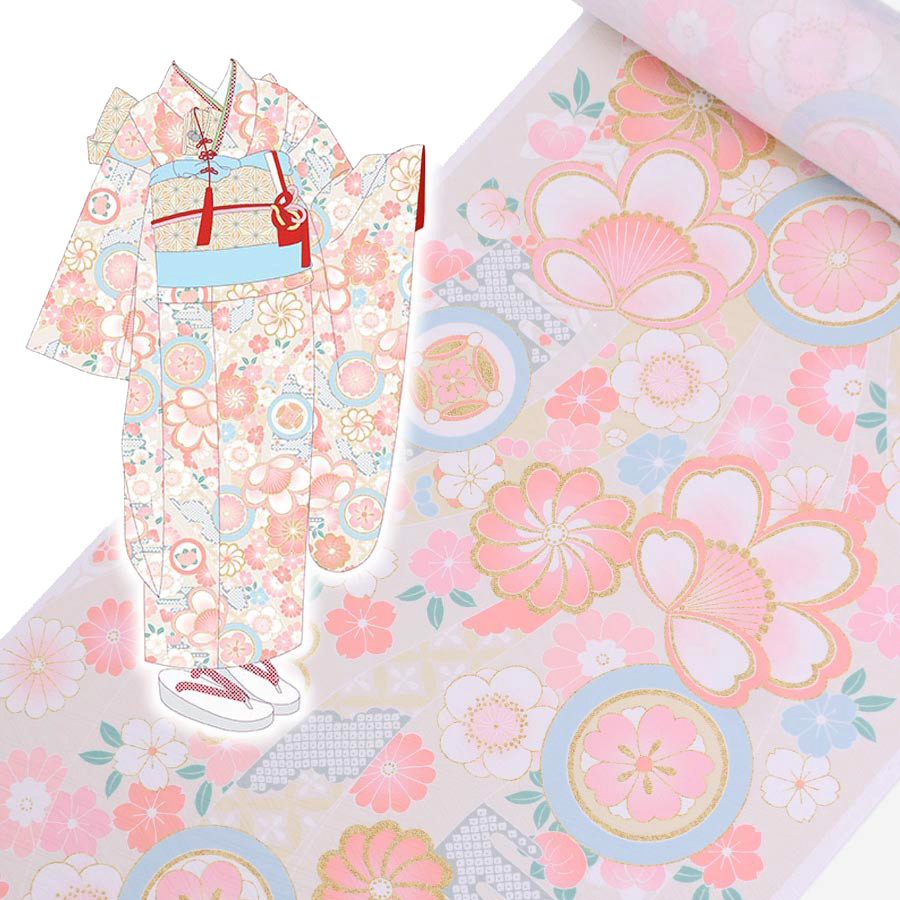 着物用洗える生地 のしめに花と丸紋散らし(クリーム系) 1反売り(約12m)