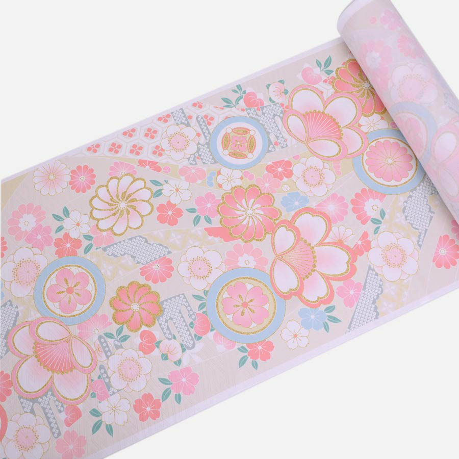 着物用洗える生地 のしめに花と丸紋散らし(クリーム系) 1反売り(約12m)