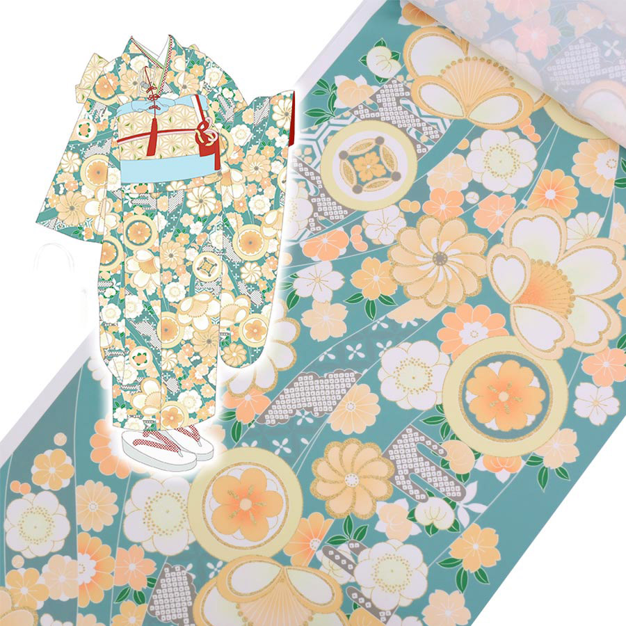 着物用洗える生地 のしめに花と丸紋散らし(グリーン/オレンジ系) 1反売り(約12m)