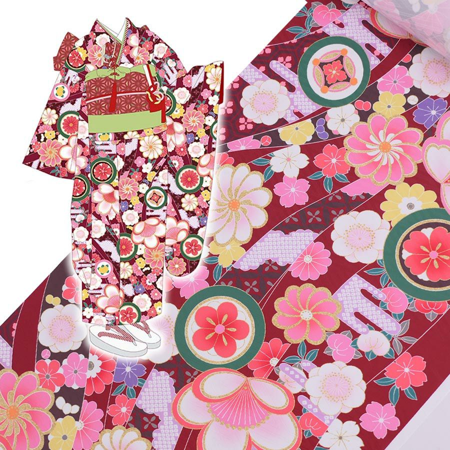 着物用洗える生地 のしめに花と丸紋散らし(えんじ系) 1反売り(約12m)
