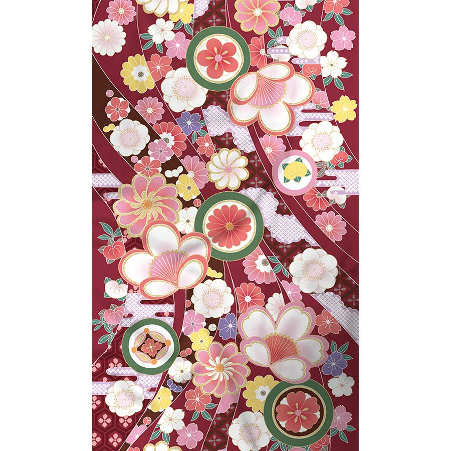 着物用洗える生地 のしめに花と丸紋散らし(えんじ系) 1反売り(約12m)