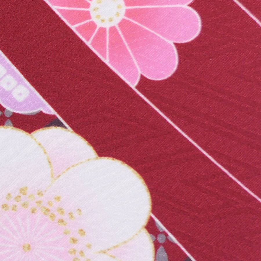 着物用洗える生地 のしめに花と丸紋散らし(えんじ系) 1反売り(約12m)