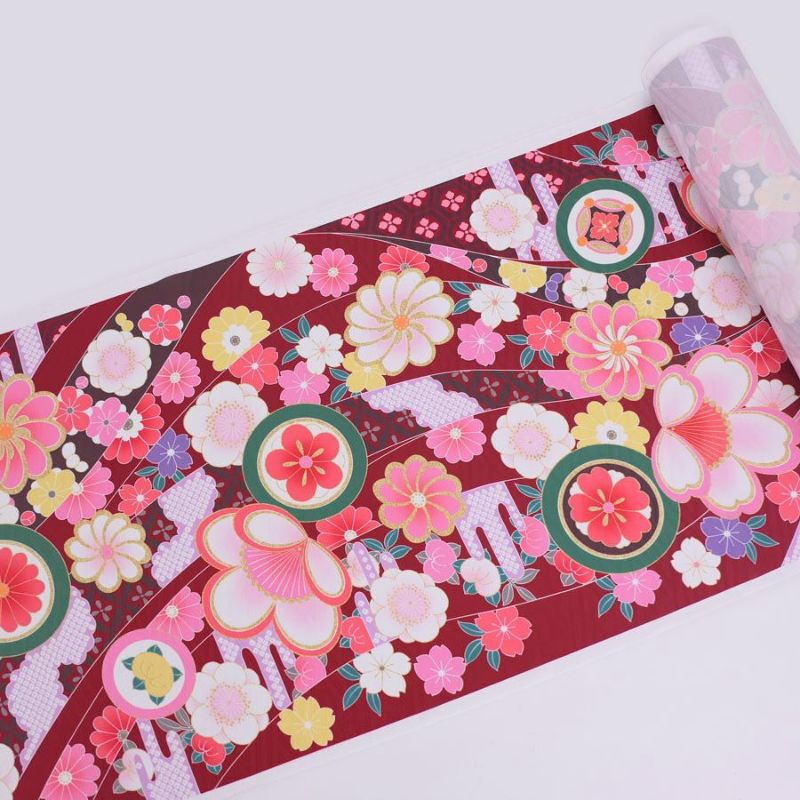 着物用洗える生地 のしめに花と丸紋散らし(えんじ系) 1反売り(約12m)