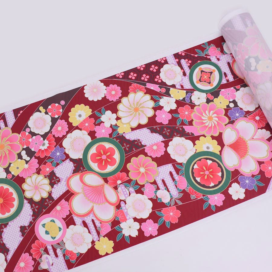 着物用洗える生地 のしめに花と丸紋散らし(えんじ系) 1反売り(約12m)