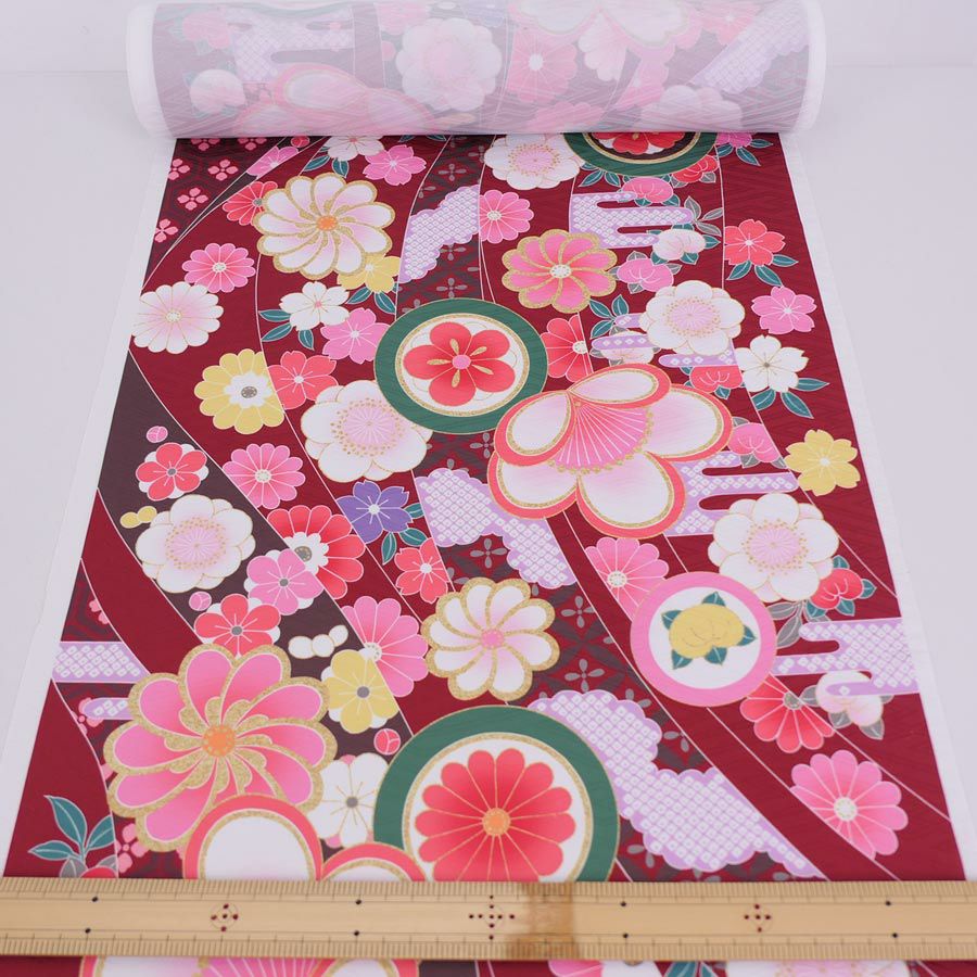 着物用洗える生地 のしめに花と丸紋散らし(えんじ系) 1反売り(約12m)