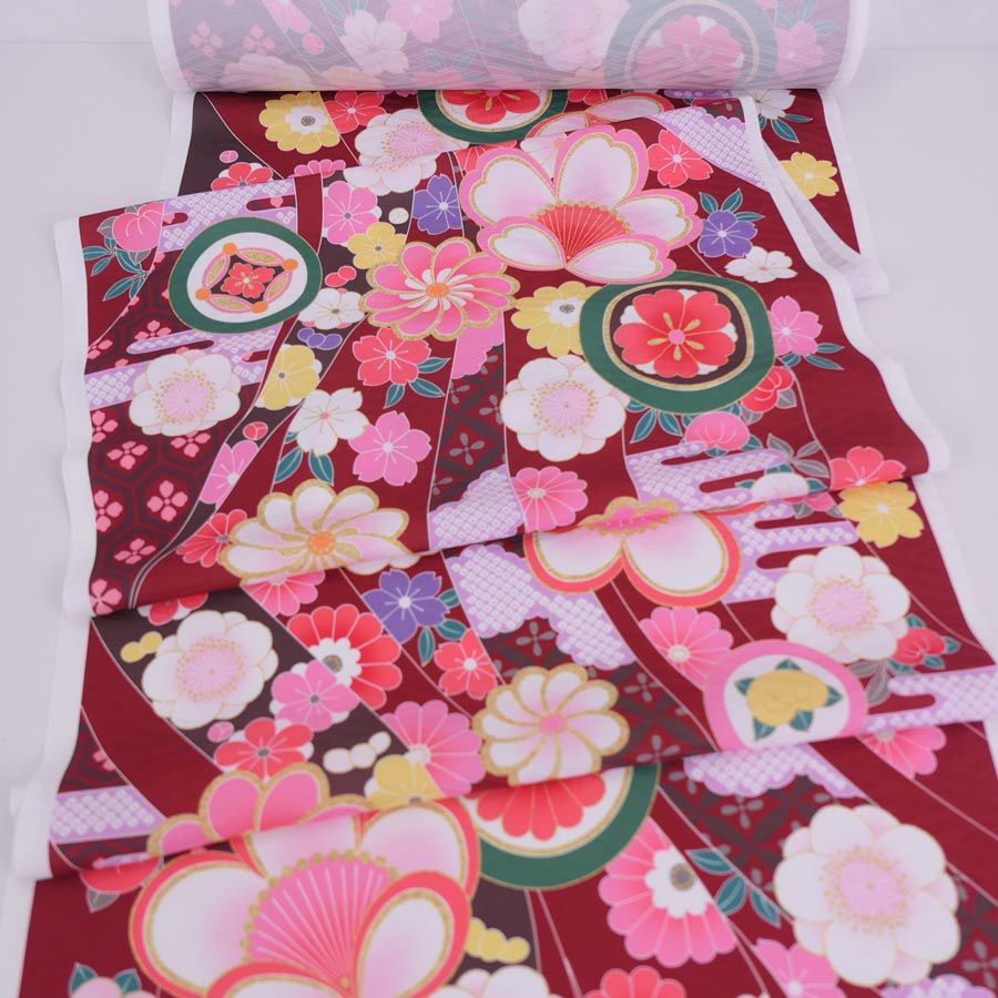 着物用洗える生地 のしめに花と丸紋散らし(えんじ系) 1反売り(約12m)
