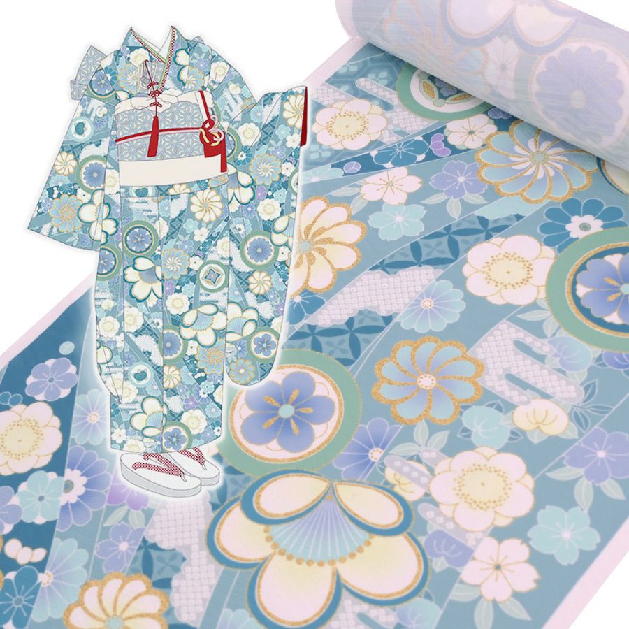 着物用洗える生地 のしめに花と丸紋散らし(ブルー系) 1反売り(約12m