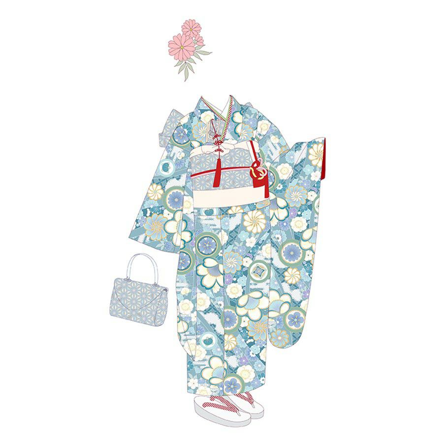 着物用洗える生地 のしめに花と丸紋散らし(ブルー系) 1反売り(約12m)