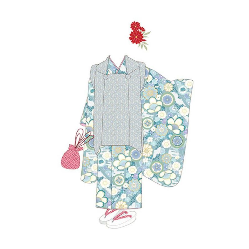 着物用洗える生地 のしめに花と丸紋散らし(ブルー系) 1反売り(約12m)