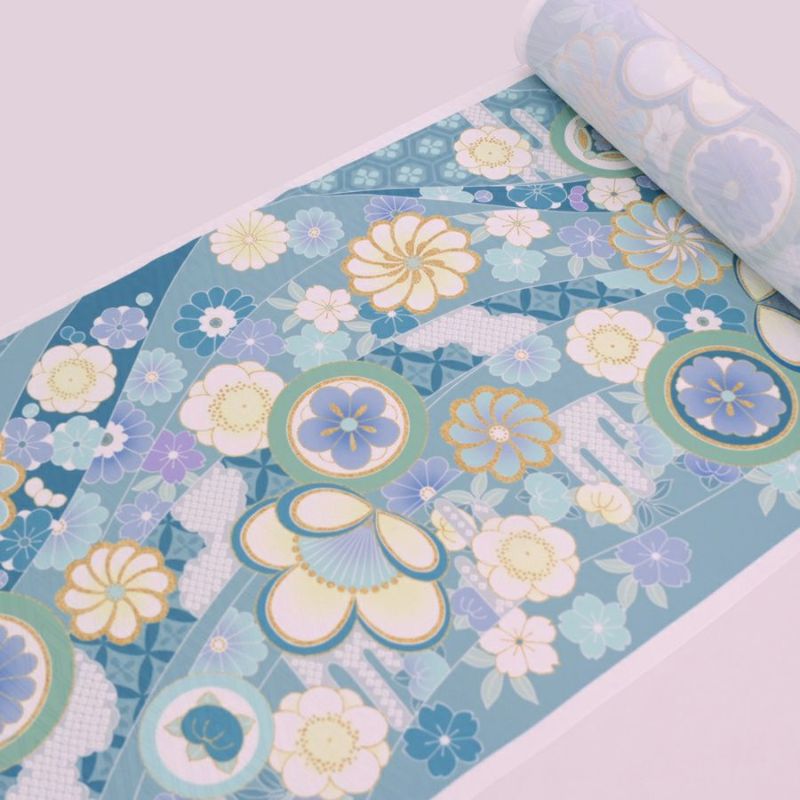 着物用洗える生地 のしめに花と丸紋散らし(ブルー系) 1反売り(約12m)