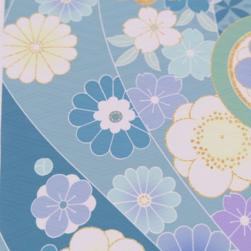 着物用洗える生地 のしめに花と丸紋散らし(ブルー系) 1反売り(約12m)