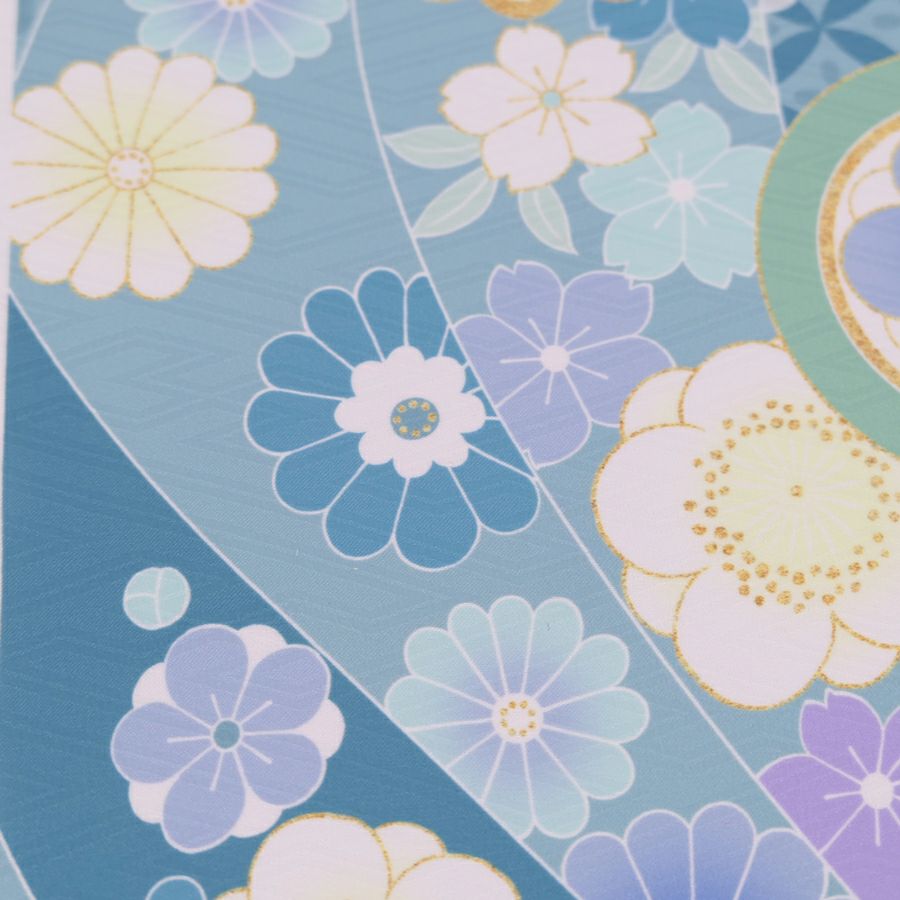 着物用洗える生地 のしめに花と丸紋散らし(ブルー系) 1反売り(約12m)