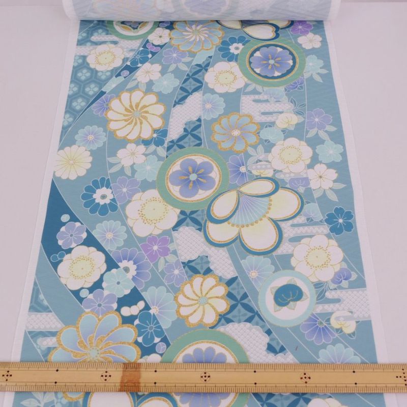 着物用洗える生地 のしめに花と丸紋散らし(ブルー系) 1反売り(約12m)