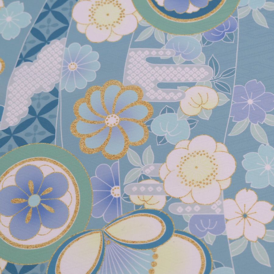 着物用洗える生地 のしめに花と丸紋散らし(ブルー系) 1反売り(約12m)