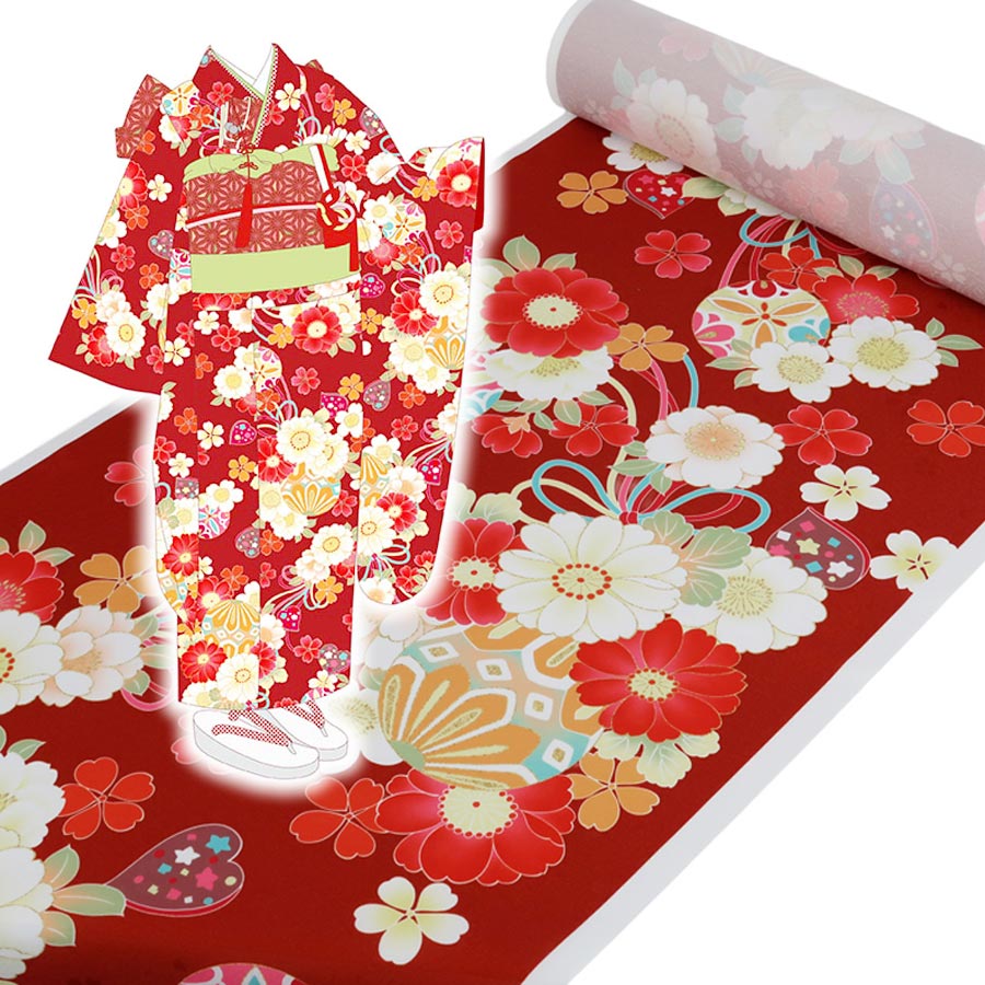 着物用洗える生地 姫手まりに桜花寄せ(赤系) 1反売り(約12m)