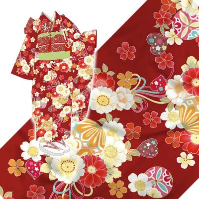 着物用洗える生地 姫手まりに桜花寄せ(赤系) 1反売り(約12m) |生地 和柄/和布/ちりめん手芸通販布がたり