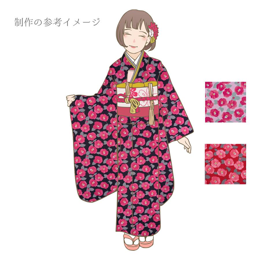 ポリちりめん生地 水彩風の椿(赤) 10cm単位 切り売り