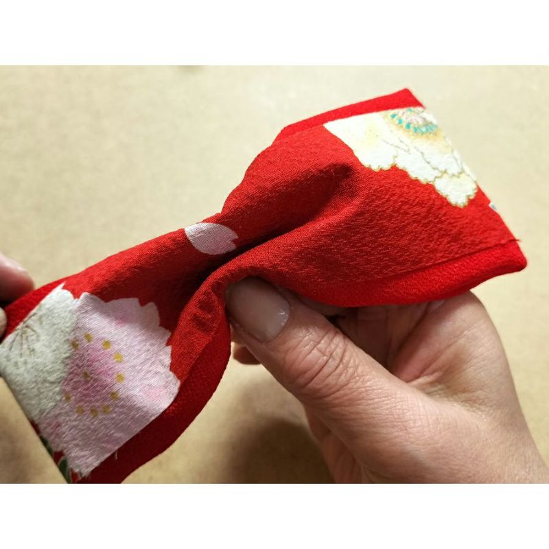 髪飾り手作りキット 正絹京友禅 花と下り藤のりぼん(赤系) |生地