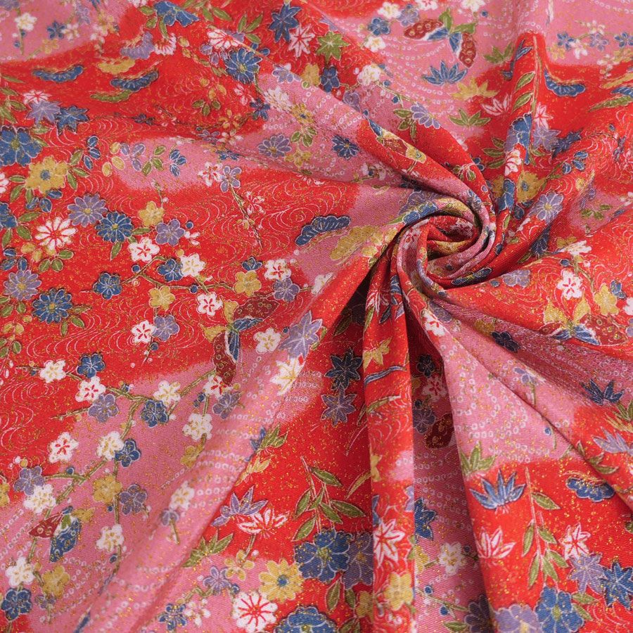 ちりめん生地 流水に春秋花と蝶(赤) 10cm単位 切り売り