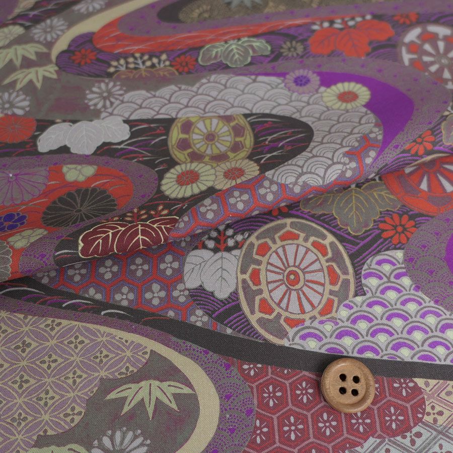 和柄コットン生地 大きな流れの伝統柄(紫系) 10cm単位 切り売り