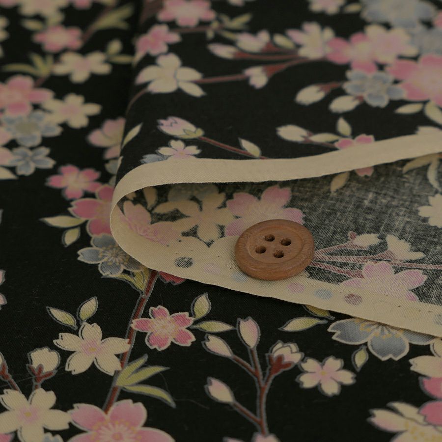 和柄コットン生地 くすみしだれ桜(黒) 10cm単位 切り売り