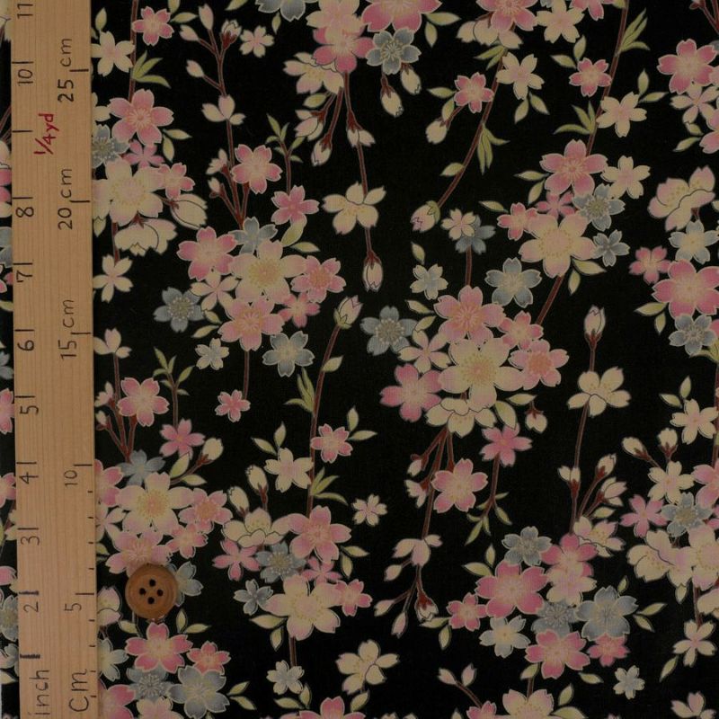 和柄コットン生地 くすみしだれ桜(黒) 10cm単位 切り売り