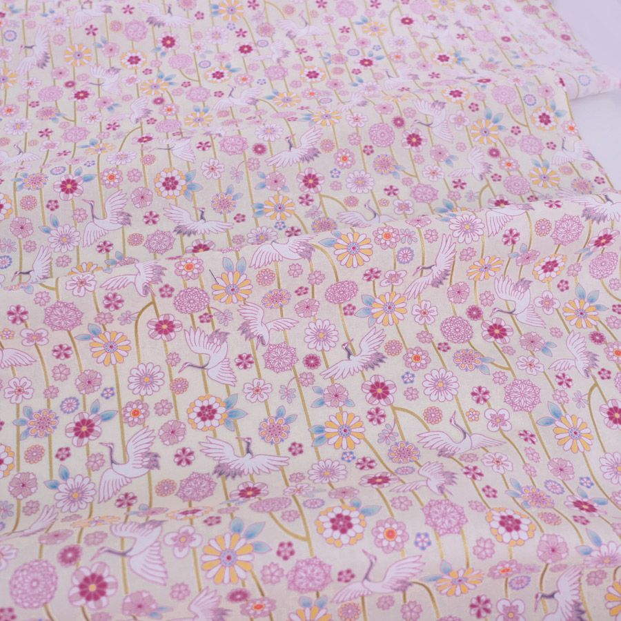 和柄コットン生地 鶴のつるし飾り(アイボリー) 10cm単位 切り売り