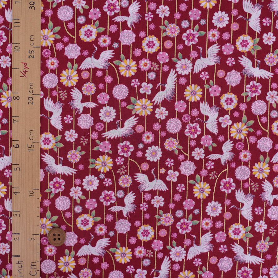 和柄コットン生地 鶴のつるし飾り(えんじ色) 10cm単位 切り売り