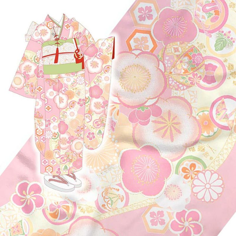 着物用洗える生地 梅花に手まりと糸巻き(ピンク) 1反売り(約12m)