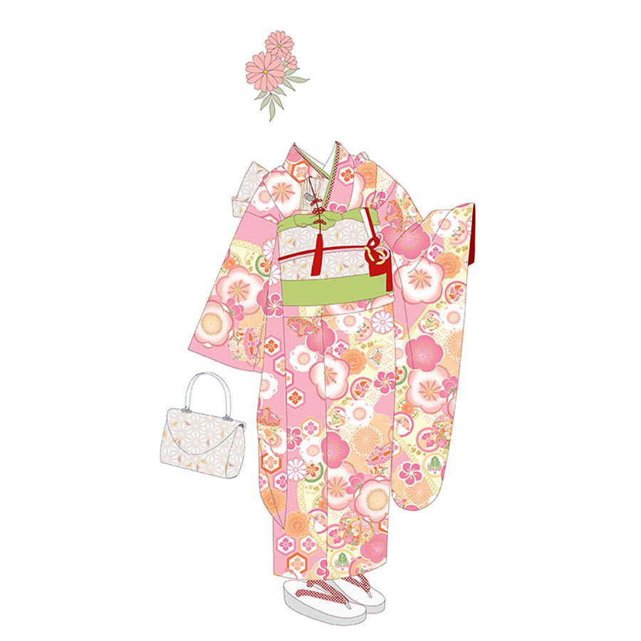 着物用洗える生地 梅花に手まりと糸巻き(ピンク) 1反売り(約12m)