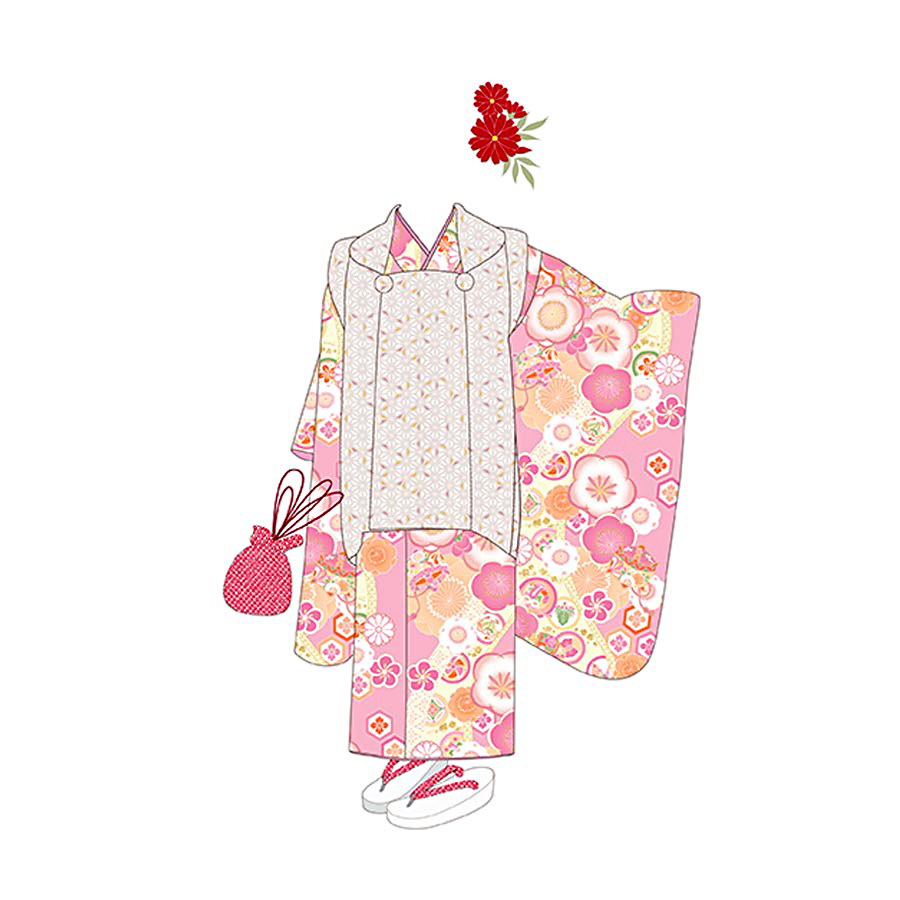着物用洗える生地 梅花に手まりと糸巻き(ピンク) 1反売り(約12m)