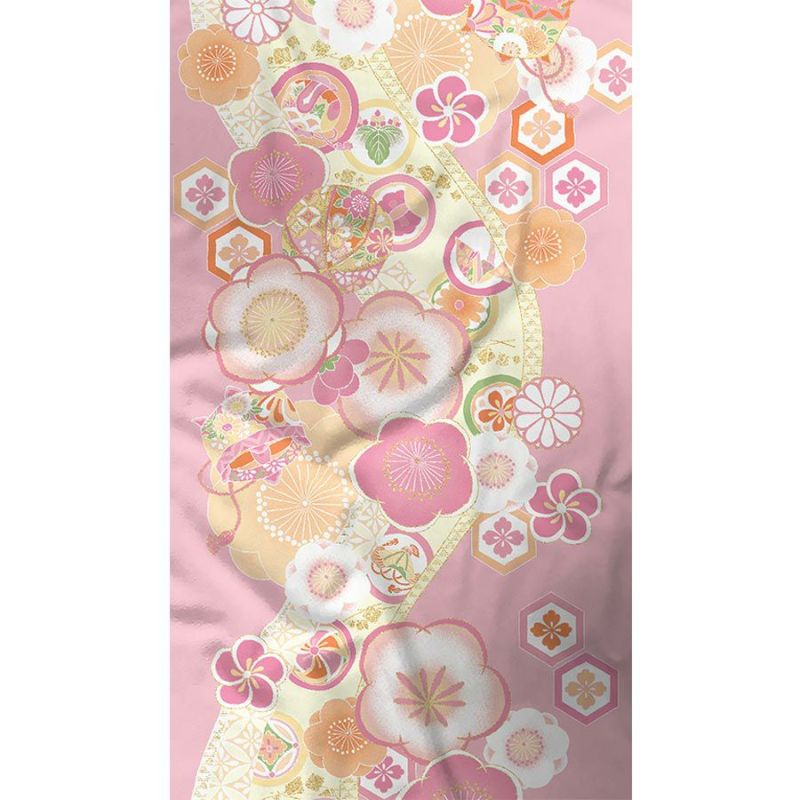 着物用洗える生地 梅花に手まりと糸巻き(ピンク) 1反売り(約12m)