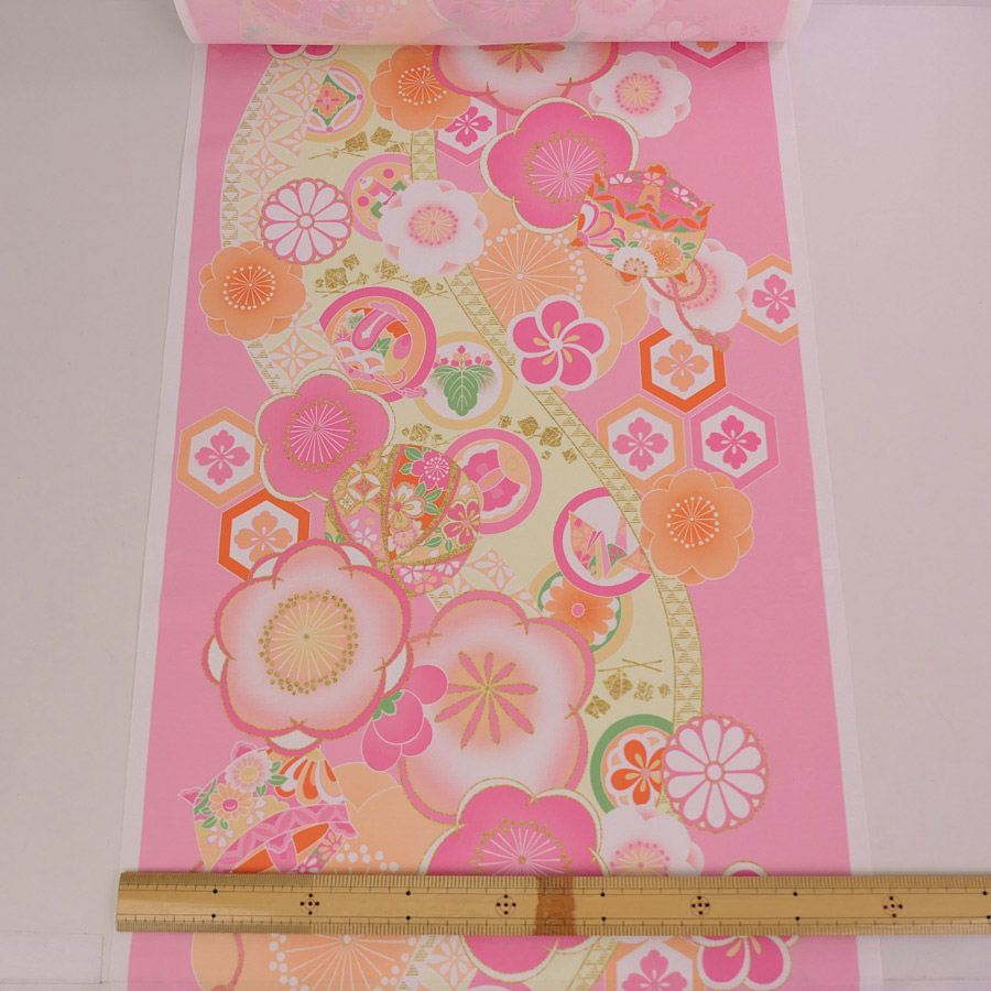 着物用洗える生地 梅花に手まりと糸巻き(ピンク) 1反売り(約12m)