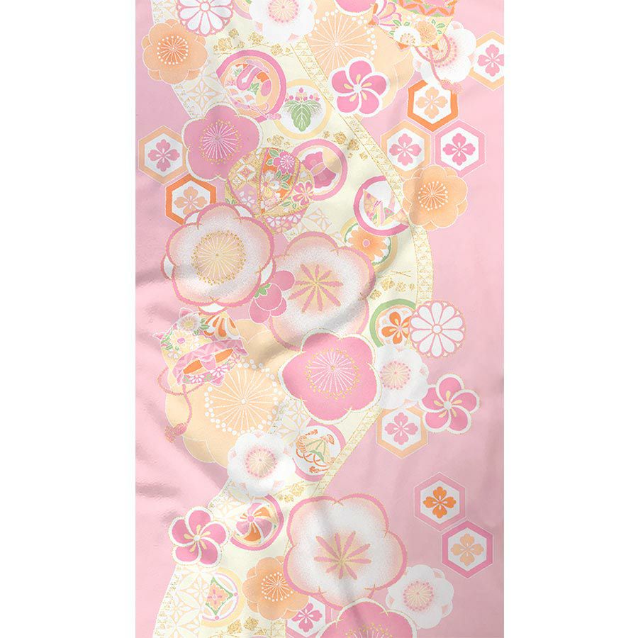 着物用洗える生地 梅花に手まりと糸巻き(ピンク) 1反売り(約12m)