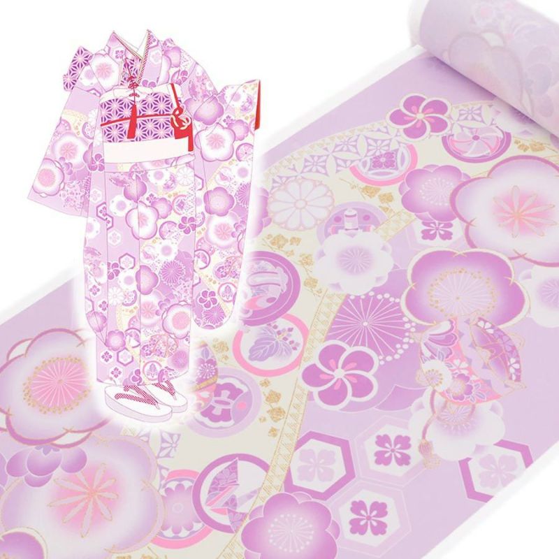 着物用洗える生地 梅花に手まりと糸巻き(薄紫) 1反売り(約12m)