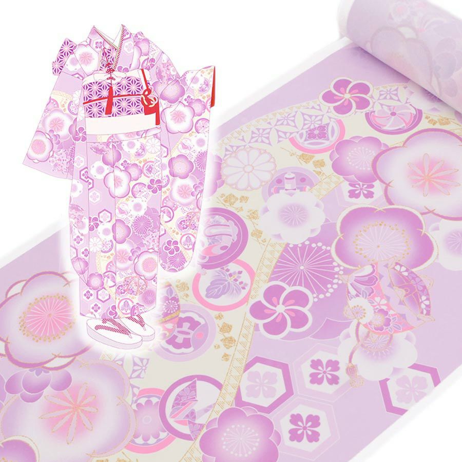 着物用洗える生地 梅花に手まりと糸巻き(薄紫) 1反売り(約12m)