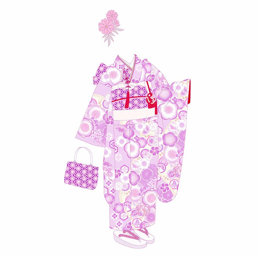 着物用洗える生地 梅花に手まりと糸巻き(薄紫) 1反売り(約12m)
