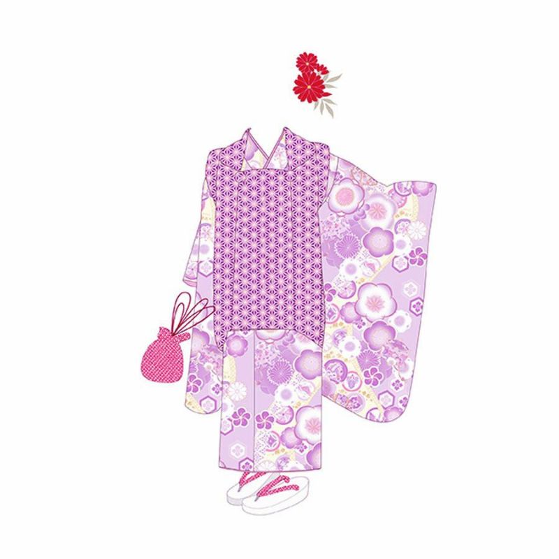 着物用洗える生地 梅花に手まりと糸巻き(薄紫) 1反売り(約12m)