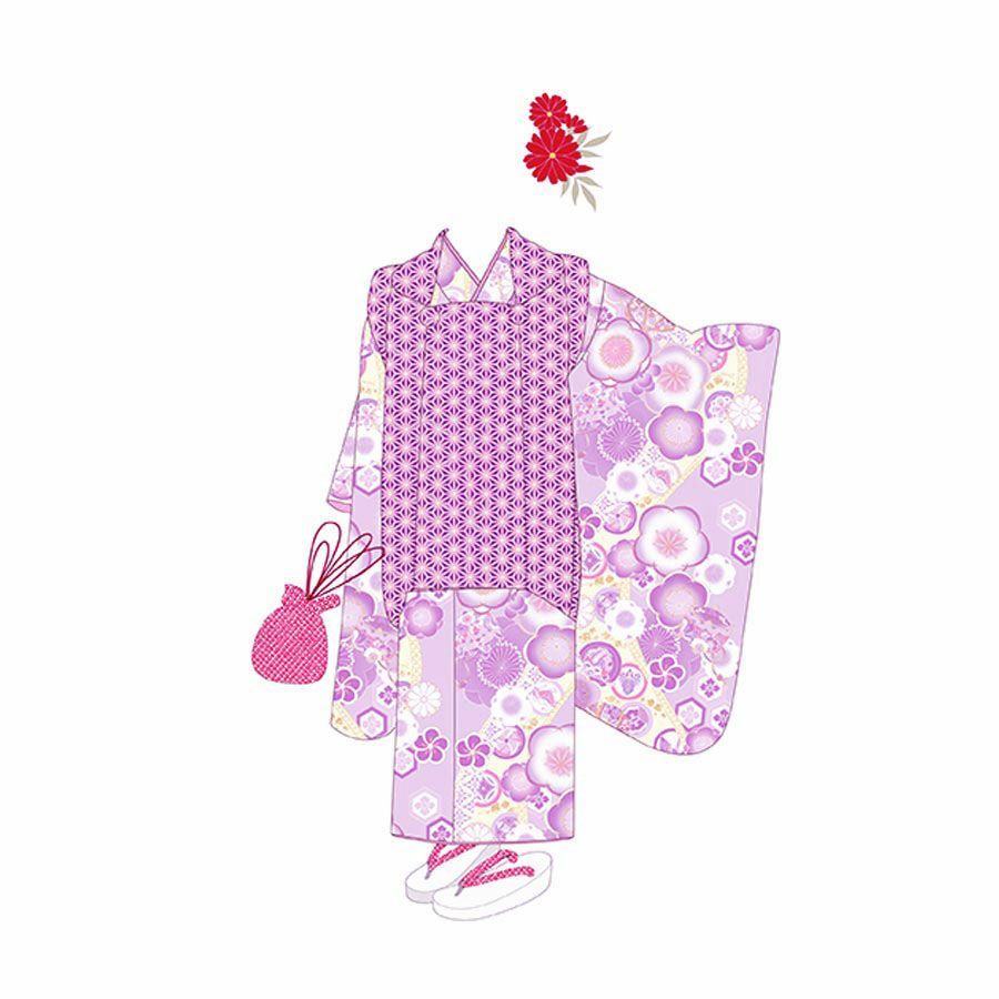 着物用洗える生地 梅花に手まりと糸巻き(薄紫) 1反売り(約12m)