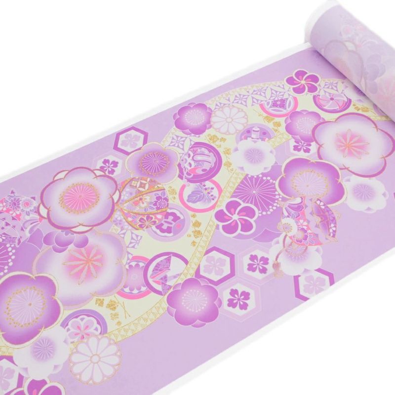 着物用洗える生地 梅花に手まりと糸巻き(薄紫) 1反売り(約12m)