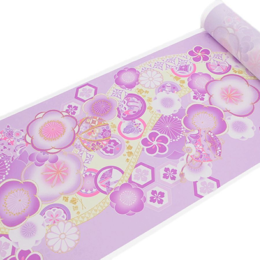 着物用洗える生地 梅花に手まりと糸巻き(薄紫) 1反売り(約12m)