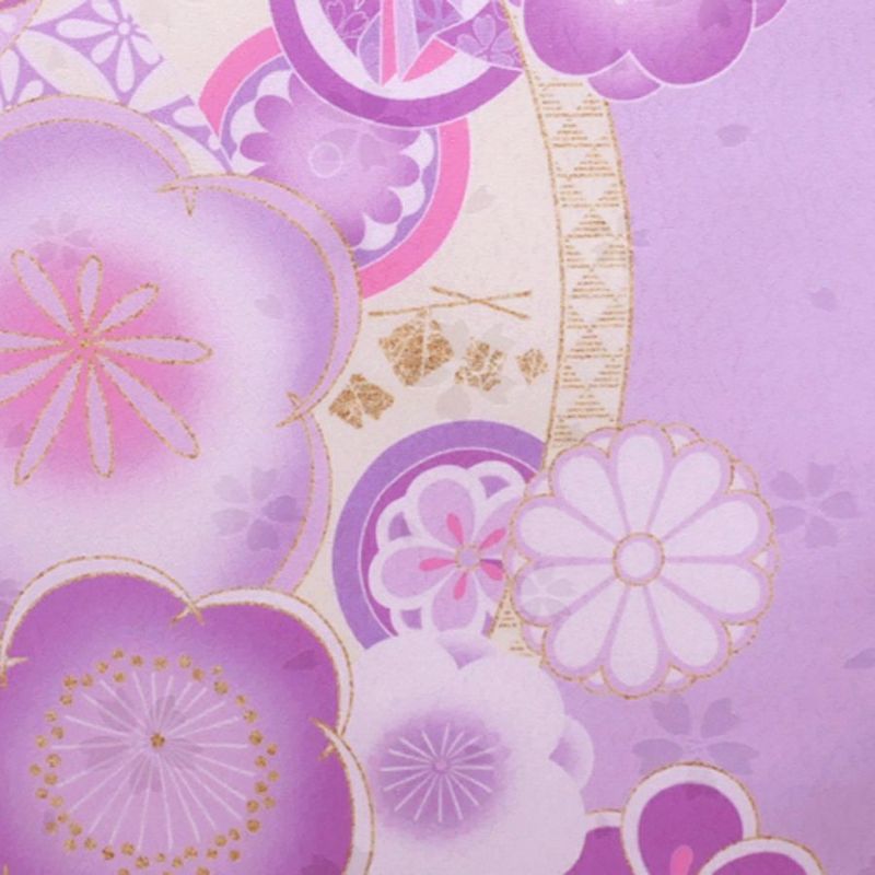 着物用洗える生地 梅花に手まりと糸巻き(薄紫) 1反売り(約12m)