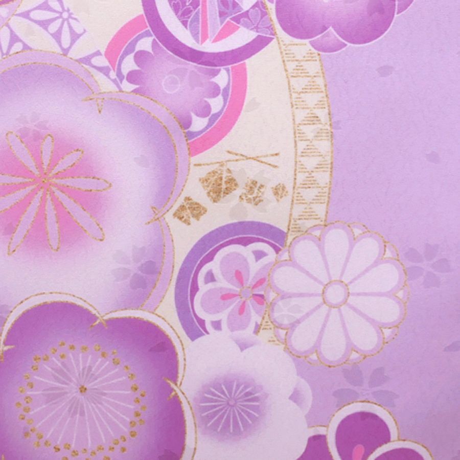 着物用洗える生地 梅花に手まりと糸巻き(薄紫) 1反売り(約12m)