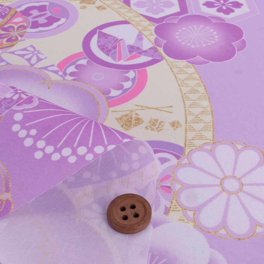 着物用洗える生地 梅花に手まりと糸巻き(薄紫) 1反売り(約12m)