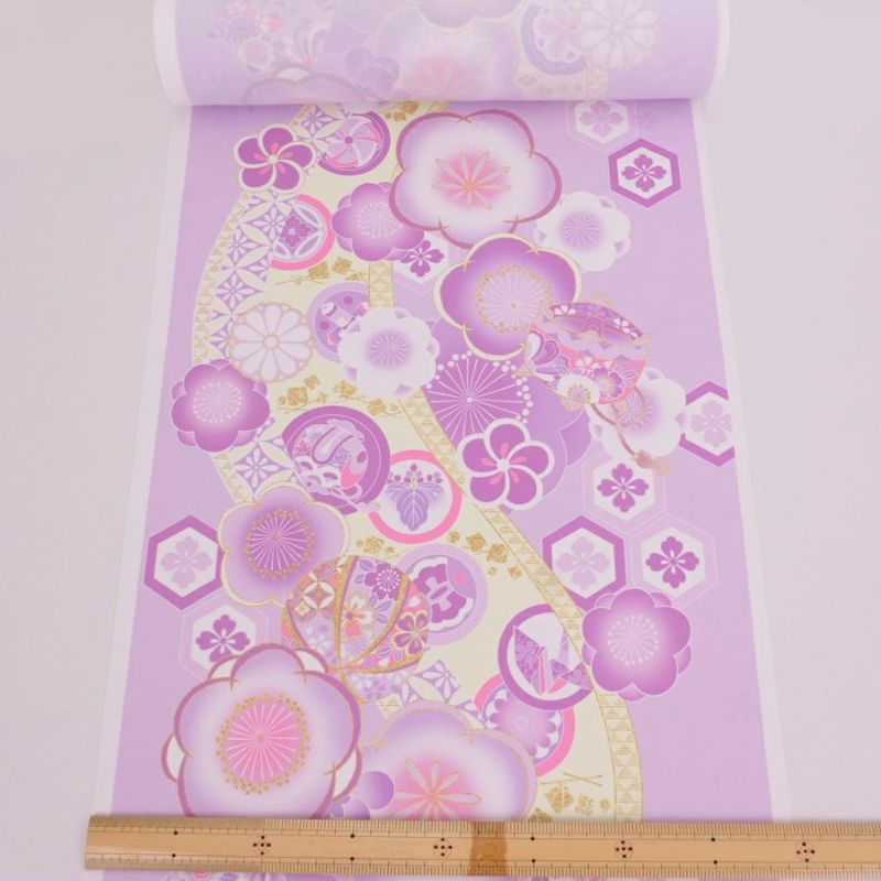 着物用洗える生地 梅花に手まりと糸巻き(薄紫) 1反売り(約12m)