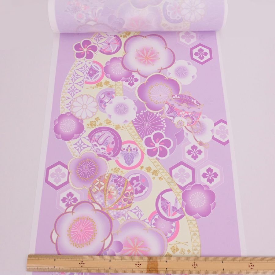 着物用洗える生地 梅花に手まりと糸巻き(薄紫) 1反売り(約12m)