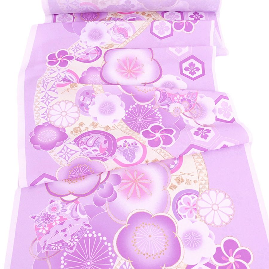 着物用洗える生地 梅花に手まりと糸巻き(薄紫) 1反売り(約12m)