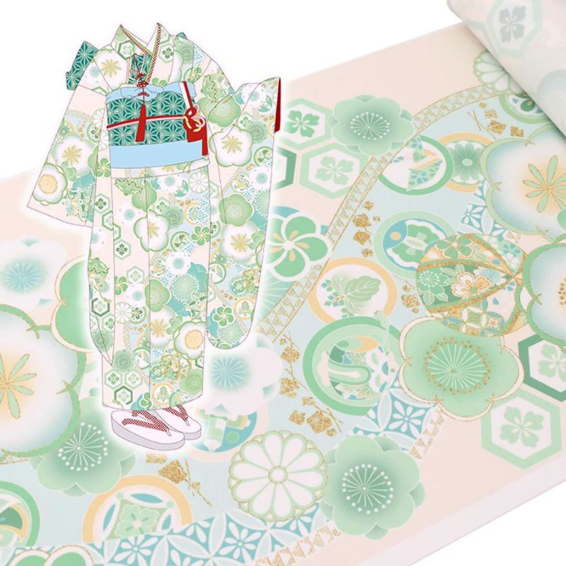 着物用洗える生地 梅花に手まりと糸巻き(淡緑) 1反売り(約12m)