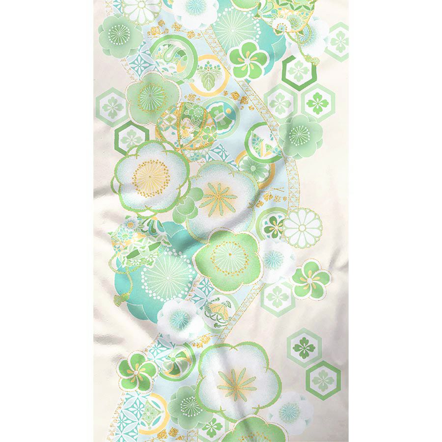着物用洗える生地 梅花に手まりと糸巻き(淡緑) 1反売り(約12m)